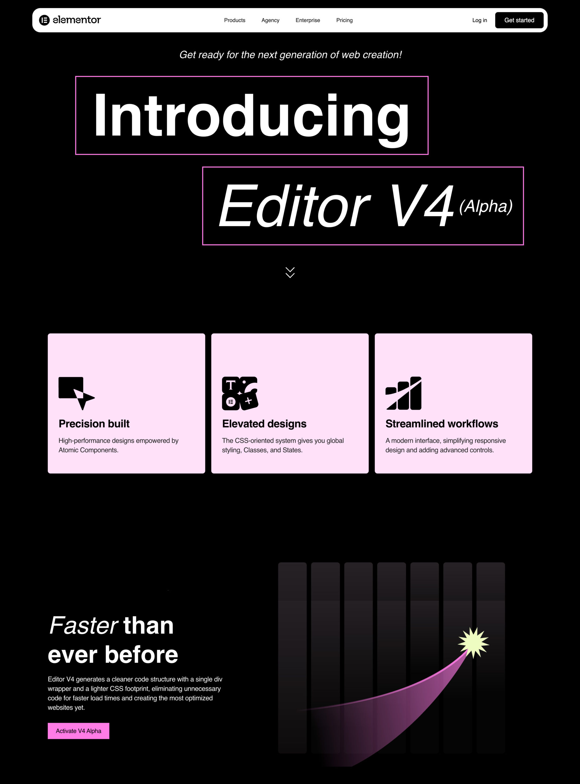 Elementor V4 official announcement - precision built atomic components, elevated designs with global styling, streamlined workflows