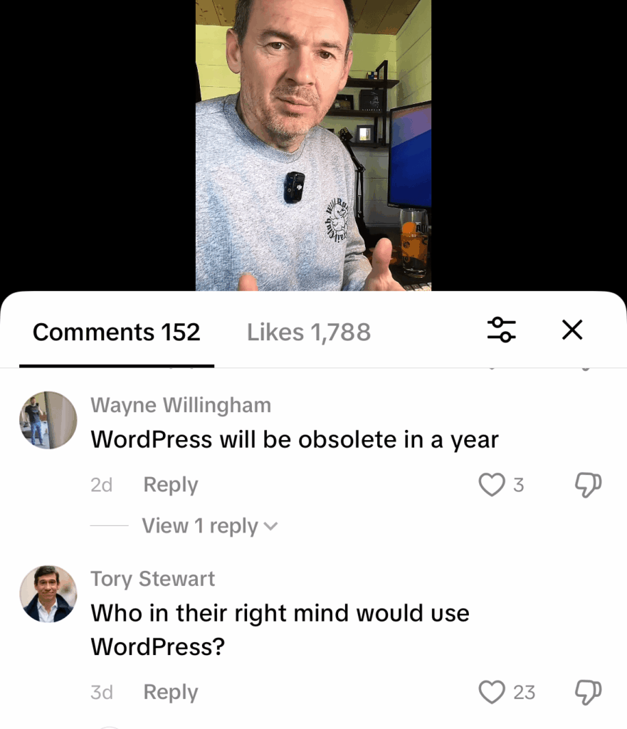 Screen shot of Dan and some of the negative comments - Is WordPress dead in 2026?