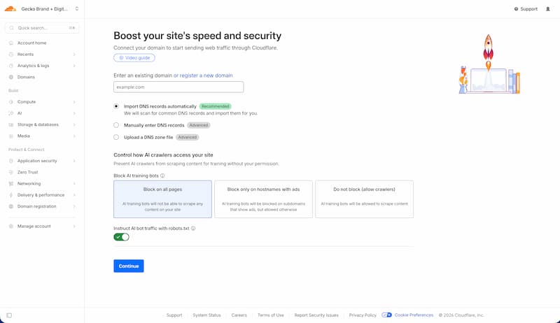 Cloudflare. Add a website screen