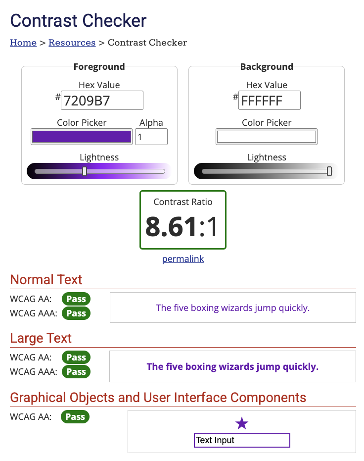 Screenshot of contrast checker - wordpress accessibility seo